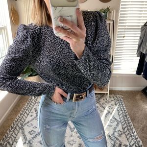 BRAND NEW! Puff-Sleeve, Long-Sleeve, Semi-Sheer, Silver And‎ Black Animal Print